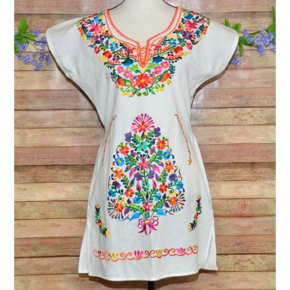Handmade Mexican Embroidered Floral Dress White Size Small Boho Peasant Fiesta